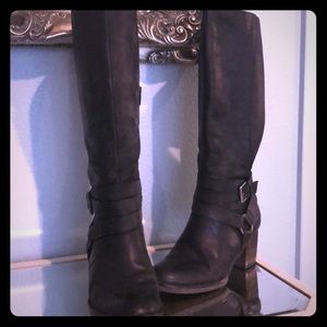 Black leather knee hi boots. 2” heels